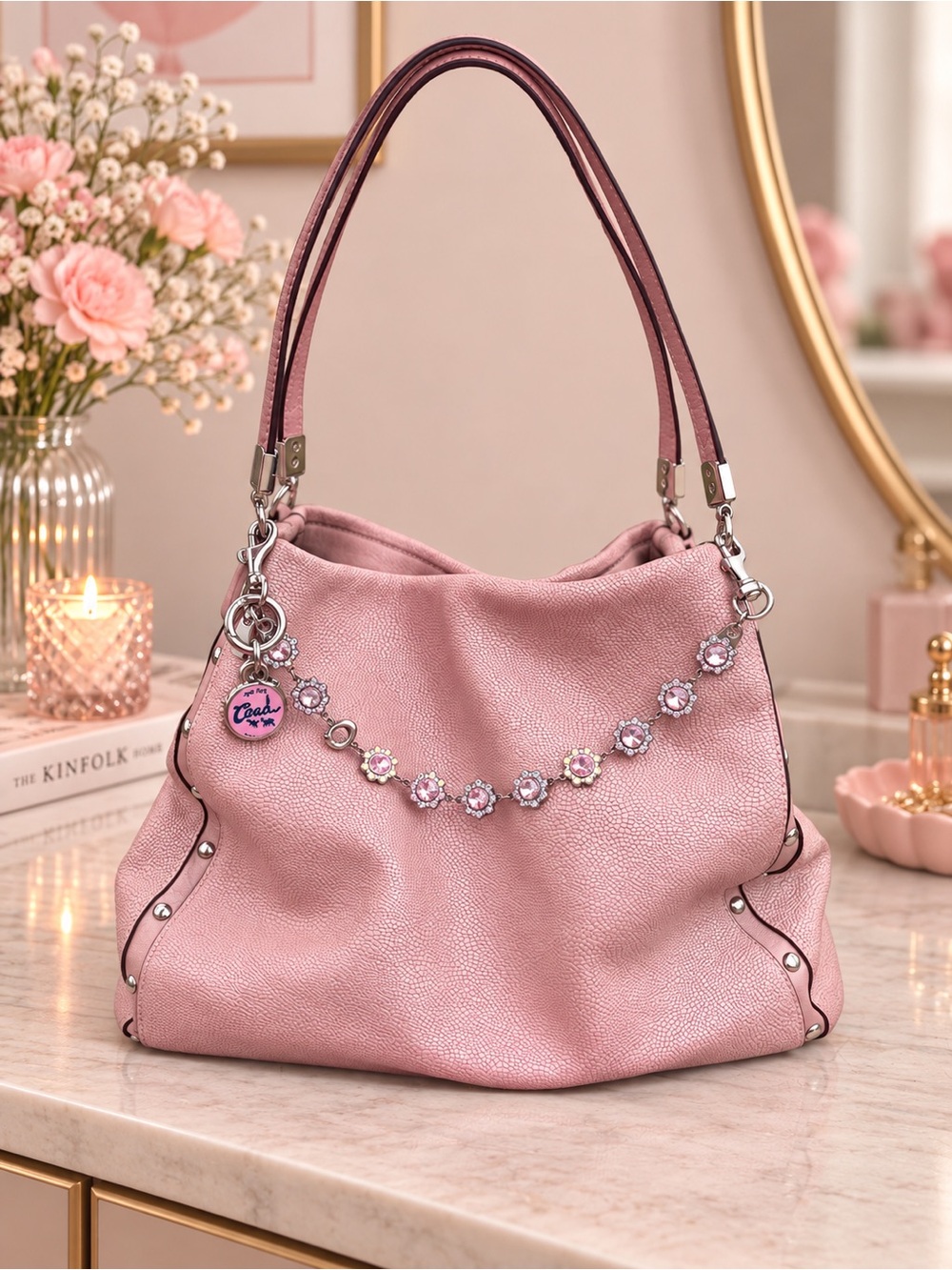 Vtg Coach Madison Phoebe Shoulder Bag Rose Light PINK Pebbled Leather studded